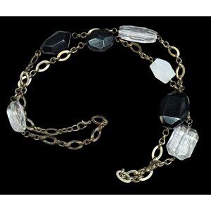 Chunky Black And Clear Gemmed Necklace With Gold Tone Chain